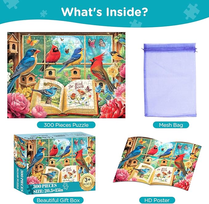 Jigsaw Puzzles for Kids Adults Seniors 300 Pieces, Bird Book 300 Pieces Adult Puzzle, Challenging Yet Relaxing Pieces Puzzle Game for Kids Adults Seniors, Thick Cardboard Jigsaw Puzzle