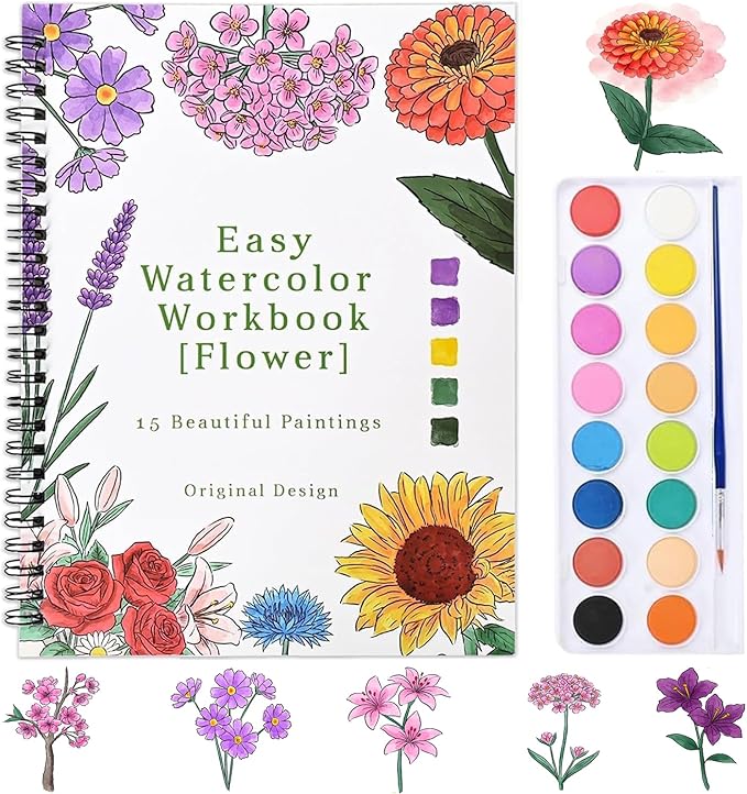 Watercolor Workbook,16 Colors Watercolor Paint Set with Brush Palette,15 Flower Patterns of Original DIY Designs,Beginner-Friendly Water Color Workbooks,Water Coloring Book for Adults