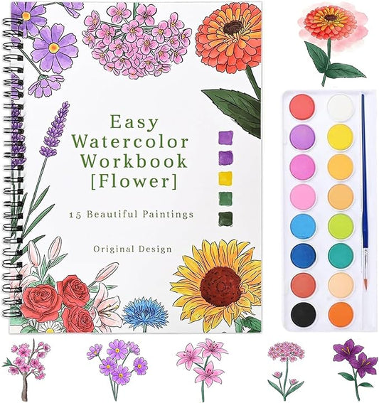 Watercolor Workbook,16 Colors Watercolor Paint Set with Brush Palette,15 Flower Patterns of Original DIY Designs,Beginner-Friendly Water Color Workbooks,Water Coloring Book for Adults