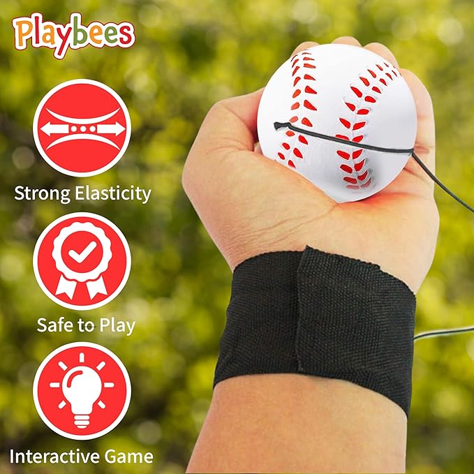 Playbees Reactive Practice Baseballs on Elastic Cord Perfect for Training, Fun Outdoor Activities for Spring Training, Fun Outdoor Activity for Kids, Boy or Girl, Party Favor (12 Pack)
