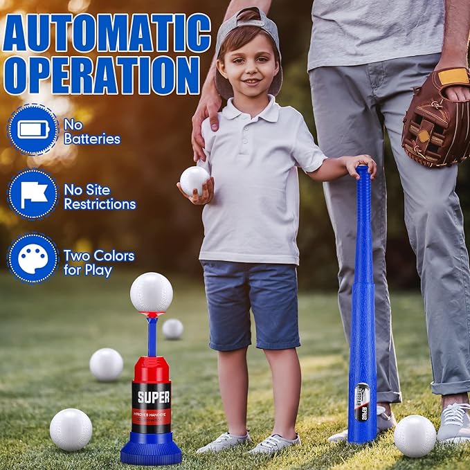 HyDren Baseball Pitching Set Includes Automatic Operation Pitching Machine Adjustable Collapsible Plastic Bat and 6 Balls Outdoor Indoor Sport Toy Games Christmas Kids Toddlers Gift
