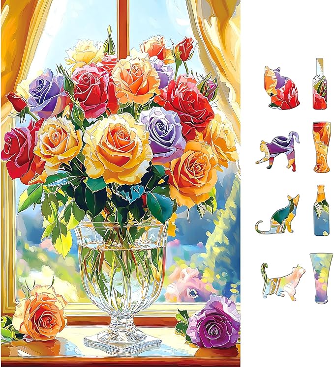MINIWAN 500-Piece Jigsaw Puzzle for Adults - Colorful Roses in Glass Vase, 23x15 Inch Challenging Puzzle, Floral Puzzle for Adults & Teens, Premium Thick Cardboard Pieces with Reference Poster