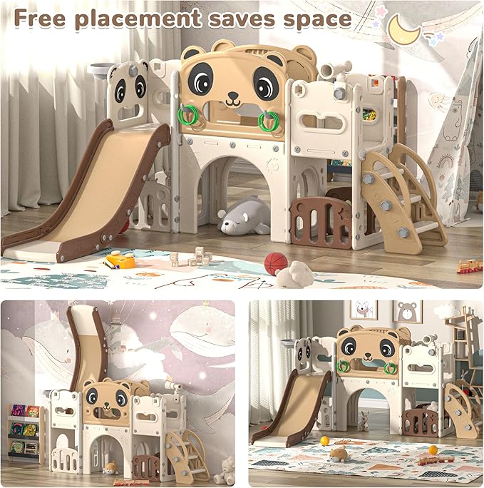 9 in 1 Toddler Slide and Climber Playset Indoor Outdoor Kids Slide with Basketball Hoop,Telescope and Storage Space, Freestanding Backyard Playground for Children Age 1-6