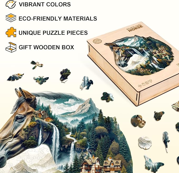 Wooden Puzzle for Adults-River and Horse Wooden Puzzle Unique Shape Advanced Animal Jigsaw Puzzle for Adults, Best Gift, Wood Puzzles, Challenge Wooden Jigsaw Puzzle (M-11.4 * 11.1in-190pcs)