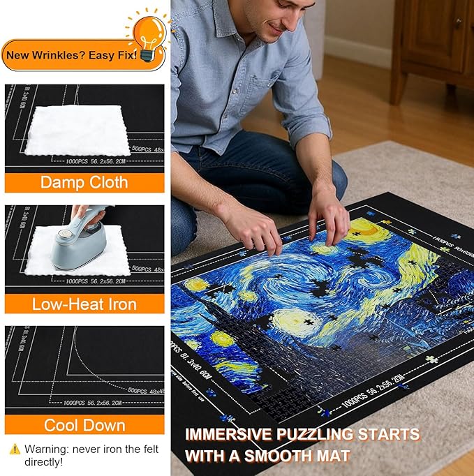 Large Puzzle Roll Up Mat with 8 Sorting Trays & Air Pump System, 46x26 Inch Portable Puzzle Storage Mat for 500 to 1500 Piece Puzzles, Includes Storage Bag