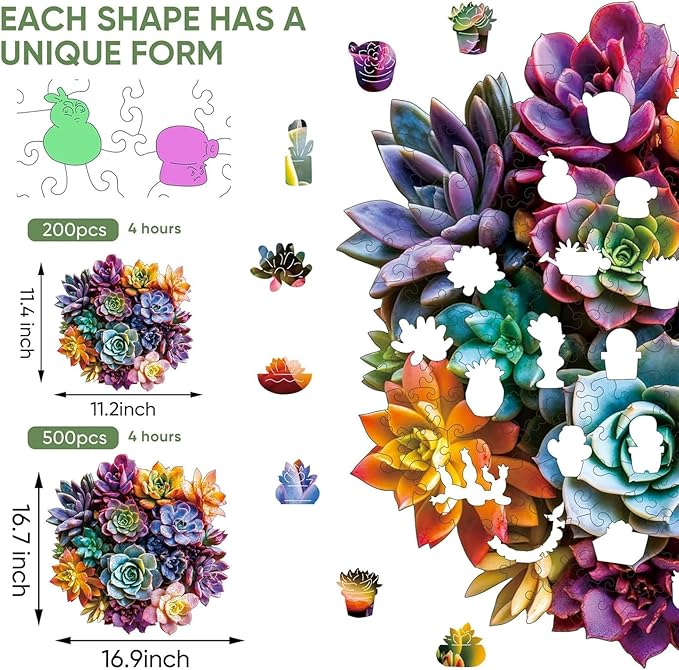 Bodhipnjoy Wooden Puzzles for Adults, Flower Succulent Jigsaw Puzzle- 5mm Thickness, Unique Irregular Wood Plant Puzzles, Creative Gifts for Birthday, 200 Piece, 11.4x11.3in