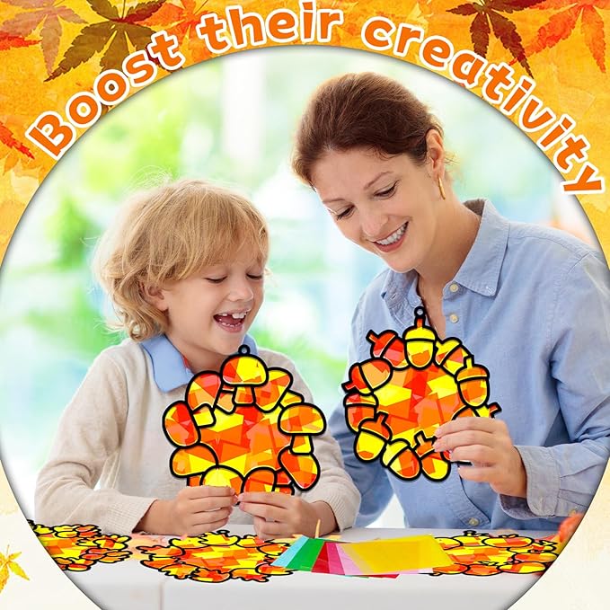 32 Sets Fall Thanksgiving Wreath Suncatchers Craft Kit DIY Window Stained Glass Effect autumn Wreath Paper Crafts Home School Classroom Decoration Kid Birthday Gift Creative Art Project Activity Game