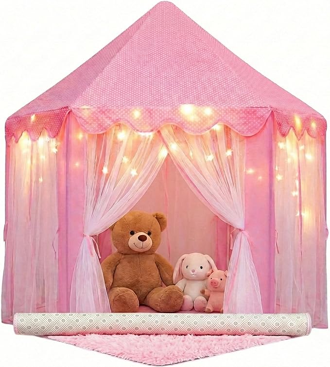 Orian Princess Tent for Girls - Kids Play Tent Indoor & Outdoor with Rug, Pink Toddler Castle Playhouse for Ages 2-7, 55” x 53”, Children’s Toys and Gifts