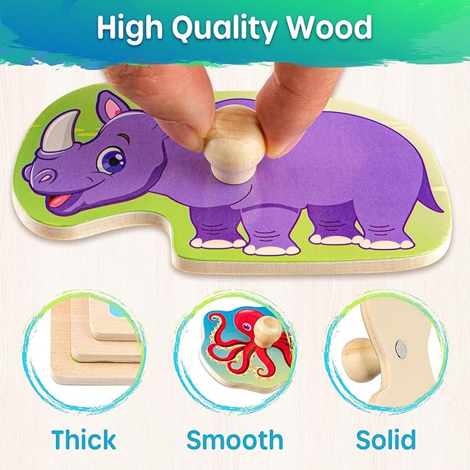 SYNARRY Wooden Puzzles for Toddlers 1-3, 6XSET Animals Puzzles for Toddlers 2-4 with Rack, Toddler Puzzles Ages 2-4, Kids Learning Educational Montessori Toys, Easter Basket Stuffers for Boys Girls