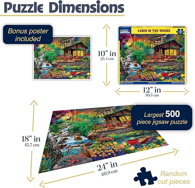 White Mountain 500 Piece Jigsaw Puzzle Spring Flowers Scenic Puzzles with Large Pieces Gift for Adults 18"x24" - Cabin in The Woods