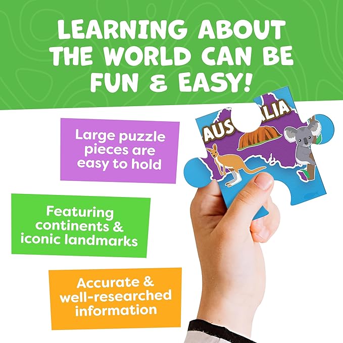 World Map Puzzle for Kids - 75 Piece - World Puzzles with Continents - Childrens Jigsaw Geography Puzzles for Kids Ages 4-8, 5, 6, 7, 8-10 Year Olds - Globe Atlas Puzzle Maps Learning Games Gifts