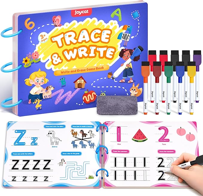 JoyCat Preschool Learning Activities 48 Reusable Pages, Handwriting Practice for Kids Toddlers, Tracing Letter Number Workbooks, Educational Autism Busy Book, Learning Gift Toys for 3 4 5 Year Olds