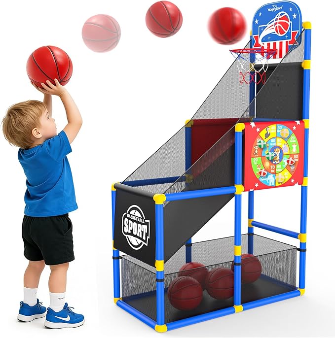EagleStone 2-in-1 Kids Arcade Basketball Hoop with Dart Board,4 Balls Adjustable Height Basketball Toy Indoor Outdoor Carnival Games Gift for Boys Girls Toddlers Ages 3-6 Years Old,Pump Included
