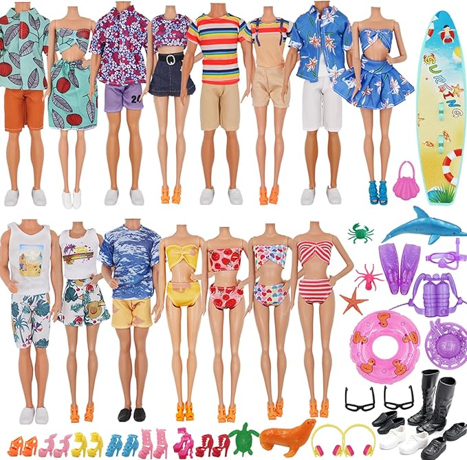 ZTWEDEN 89Pcs Doll Clothes and Accessories for 12 Inch Boy and 11.5 Inch Girl Doll Includes 32 Seaside Wear Clothes Bikini Marine Animal Surfboard Diving Swimming Sets 19 Pairs Shoes for Dolls