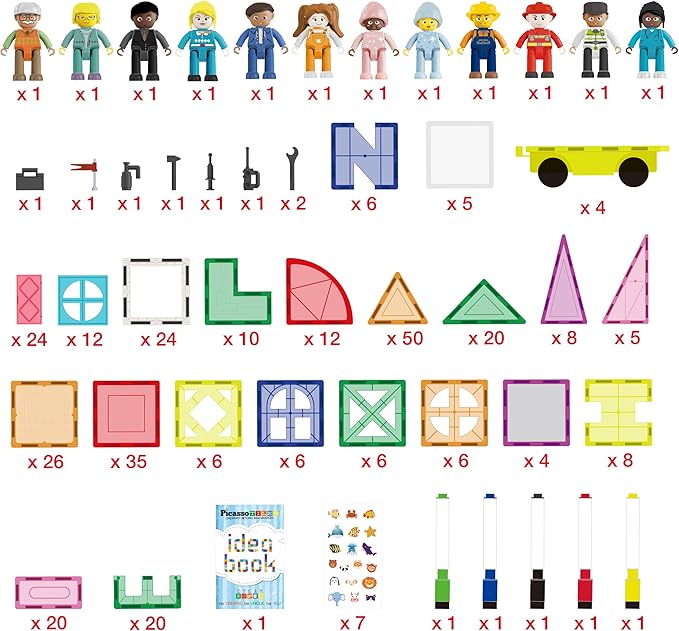 PicassoTiles Mega Magnetic Building Block 350 Piece Set Magnet Tile Construction Blocks with Car Base, Character Figures, Markers, Whiteboard, 110+ Page Ideabook Included for Ages 3 Up STEM Learning