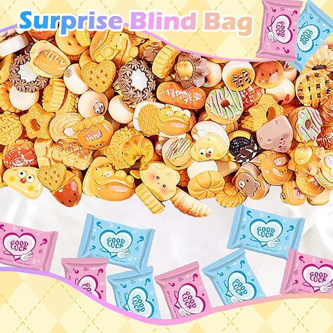 50PCS Mini Food Resin Mystery Blind Bags: Bread, Cookies, Pastries, Donuts Charms for DIY Phone Cases, Slime Charms, Scrapbooking & Craft Projects Party Favors, Classroom Rewards