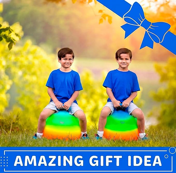 Xino Sports Hopping Ball for Kids - Rainbow Bouncy Ball with Handle, Fun Indoor and Outdoor Toy for Exercise & Play, Hopper for Jumping, Safe and Durable (18 Inch Diameter)