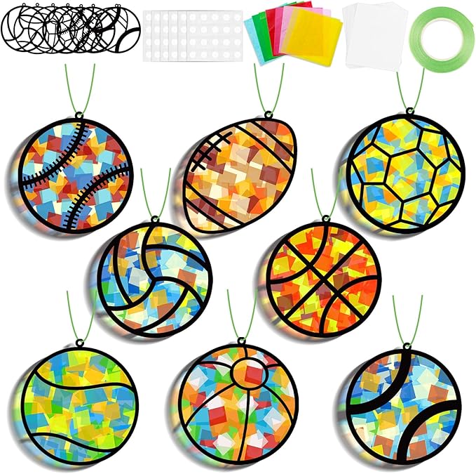 32 Sets Sports Ball Suncatchers Craft Kit DIY Window Stained Glass Effect Football Baseball Basketball Paper Craft Home School Classroom Decoration Kid Birthday Gift Creative Art Project Activity Game