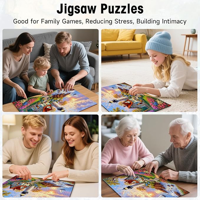 Scenic Puzzles for Adults 1000 Pieces, Lighthouse Ocean Sunset Jigsaw with Sailboat & Cottage, Fall Seaside Puzzles with Letters on Back, 28x20 Inch Wall Art, Family Game, Easter