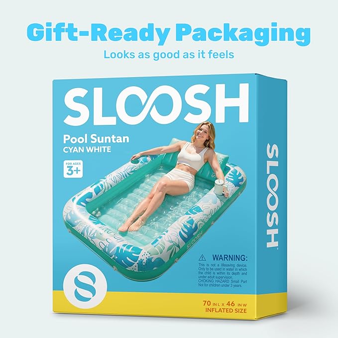 SLOOSH Inflatable Tanning Pool Lounger Float, 70" x 46" Pool Floats Adult with Pillow, 4 in 1 Suntan Tub Raft Floatie,Sunbathing Bed Lounge for Water Blow Up Kids Ball Pit Party Gifts, L-Cyan White