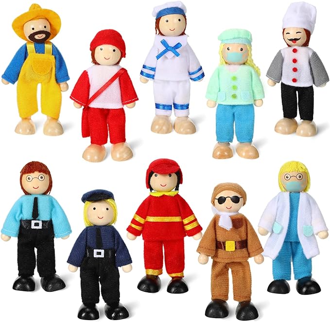 Skylety 10 Pcs Wooden Dollhouse Set of Mini People Figures Dollhouse Dolls Wooden Doll Play Figures Accessories(Fresh Style)