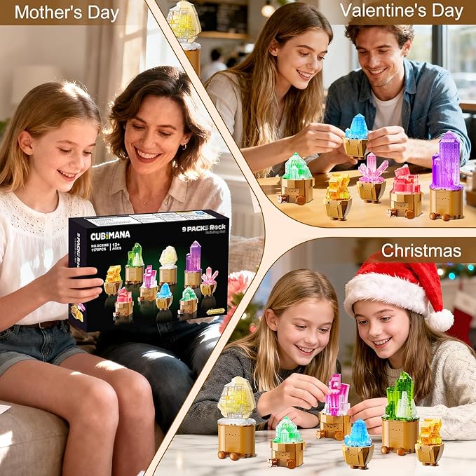9 Pack Easter Party Favor Mineral Mini Building Set with LED Light, 1170PCS Crystals Flower Bonsai Block Toy for Goodie Bag Fillers Classroom Prizes, Birthday Gift for Kids Adults Women