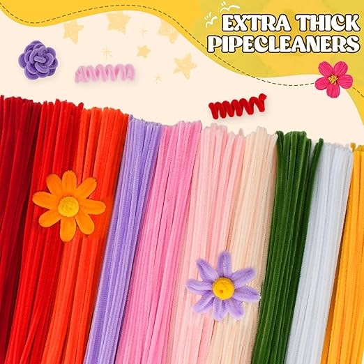 1000PCS Pipe Cleaners Flower Kit, Pipe Cleaner Bulk Craft Flower Making Kit with Instruction, 8 Colors Thick Chenille Stems for Arts DIY Craft Supplies with Greeting Card, Floral Wires, Tape, Stamen