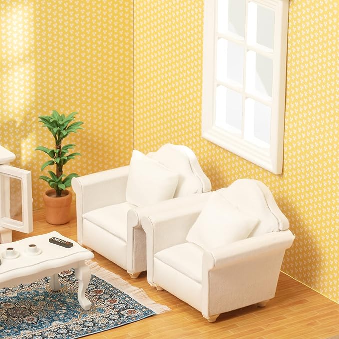SAMCAMI Miniature Dollhouse Furniture 1 12 Scale - Wooden Dollhouse Furniture Set for Dollhouse Living Room - Doll House Furniture Incl Sofa, TV Cabinet, Coffee Table and Other Accessories (White)