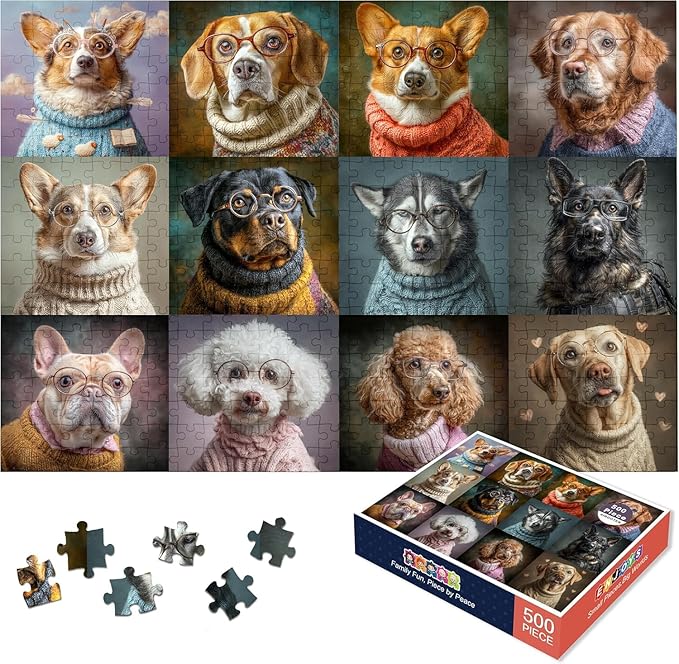 500 Piece Jigsaw Puzzle for Adults - Cute Dogs in Sweaters Folk Art Pet Portrait - Colorful Knit Style 20.5x15 in with Reference Poster - Unique Dog Lover Wall Art Gift