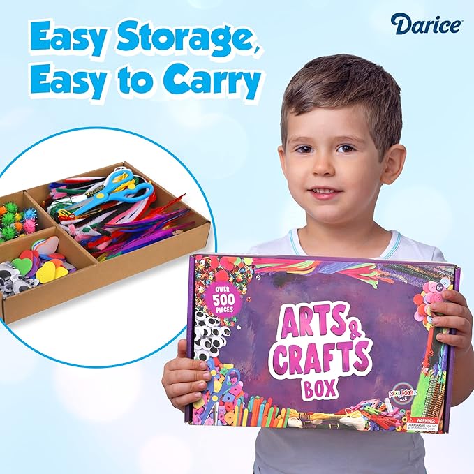 Darice Arts and Crafts Kit - 500+ Piece Kids Craft Supplies & Materials, Art Supplies Box for Girls & Boys Age 4 5 6 7 8 9
