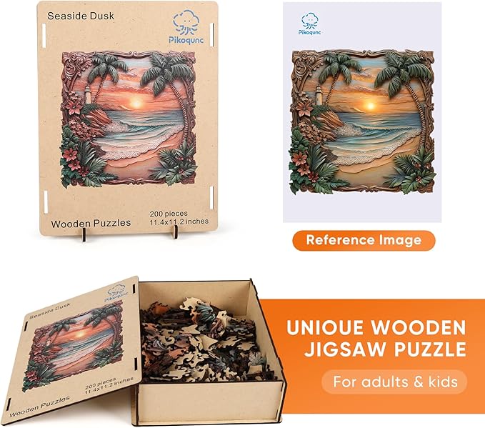 Pikoqunc Seaside Dusk Wooden Puzzles,200 Pieces 11.4x11.1 Inches,Laser-Cut Art Jigsaw with Challenging Irregular Pieces,Relaxing Brain Teaser and Elegant Gift for Adults and Puzzle Lovers