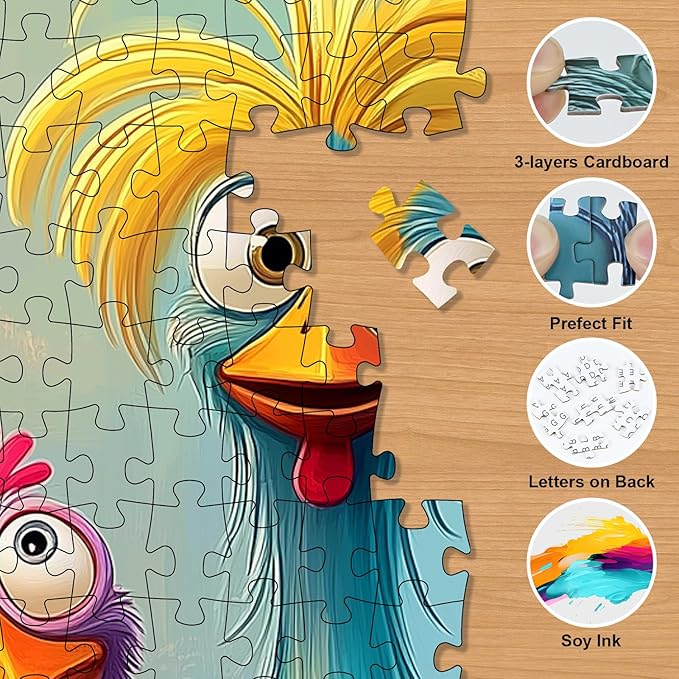 Chicken Puzzles for Adults 500 Pieces - Funny Colorful Chicken Jigsaw Puzzle, Cute Turkey Art Puzzle with Letters on Back, Challenging Hard Difficult Cartoon Animal Puzzles as Thanksgiving Home Decor