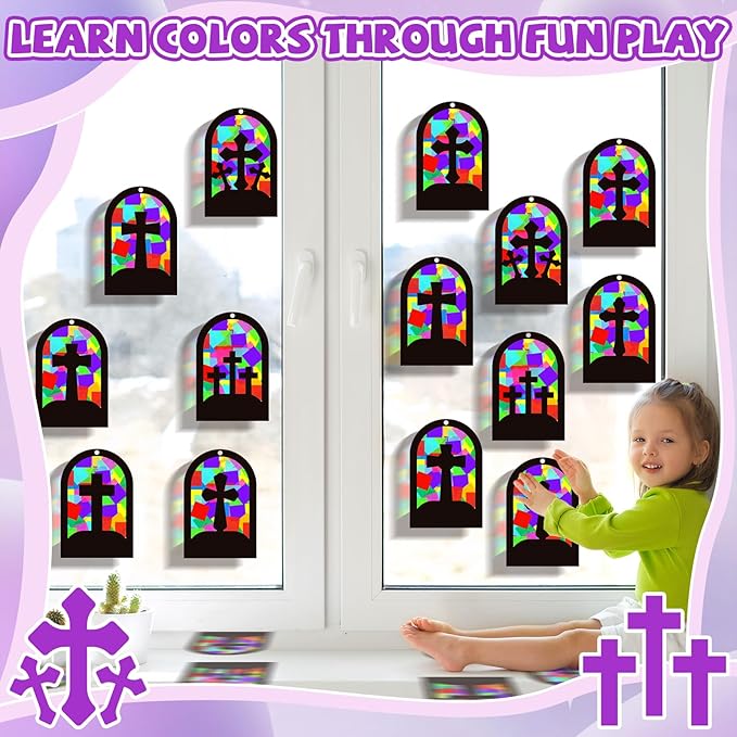 QOUBAI 32 Sets Cross Suncatchers Craft Kit DIY Religious Window Stained Glass Effect Christian VBS Paper Hanging Ornament Kid Easter Sunday School Birthday Gift Creative Art Project Activity Game