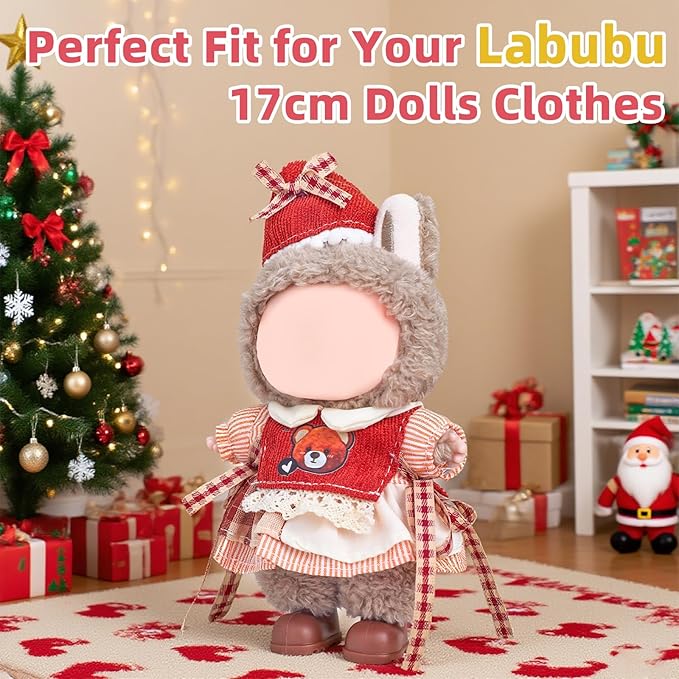 Clothes for Labubu 17cm Doll (NO Doll), 4 Piece Labubu Clothes Set, Cute Labubu Outfits with Accessories, Handmade Crochet La Bubu Doll Dress Up Set（Party Bear）