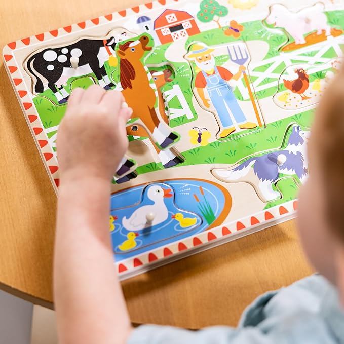 Melissa & Doug Old MacDonald's Farm Song Puzzle – 8-Piece Wooden Peg Puzzle with Light-Activated Sounds, Music Learning Toy for Toddlers and Preschoolers Ages 2+