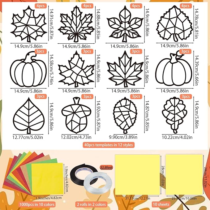 Renbuzhu 40PCS Fall Crafts Bulk: Leaves Pumpkins Paper Suncatchers DIY Kit for Autumn Thanksgiving Activities Decorations, Window Stained Glass Effect Art Supplies(Black Frame)