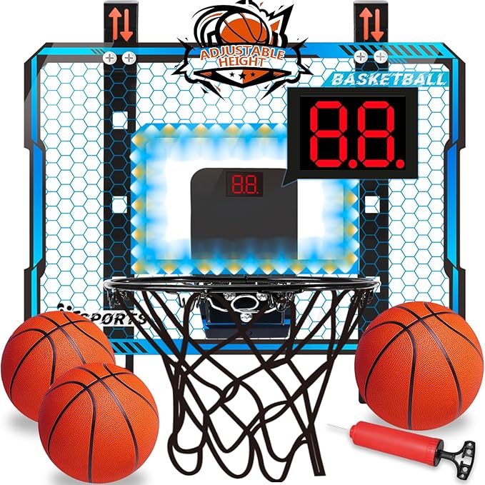 Adjustable Height Basketball Hoop Indoor with LED Lights, Basketball Toys Gifts for 5 6 7 8 9 10+ Year Old Boys Kids, Indoor Over The Door Mini Basketball Hoops with Electronic Scoreboard & 3 Balls