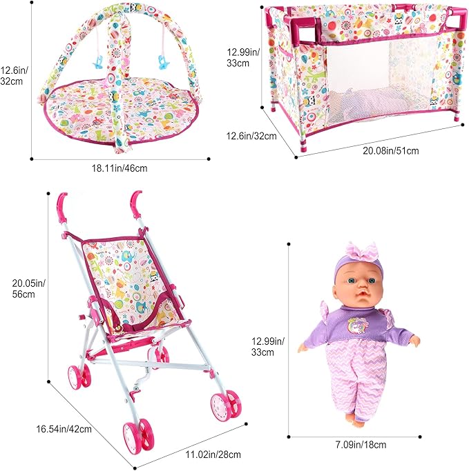 deAO Kids Baby Doll Stroller Nursery Role Play Set with a Variety of Feeding Toy and Play Mat Travel Cot Baby Carrier Stroller and Travel Bag