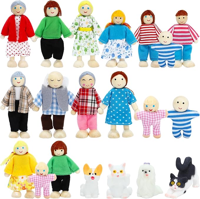 ONEST 20 Pieces Wooden Dollhouse Family Set Mini People Figures Dog Cat Sets Dollhouse Dolls Wooden Doll Family Pretend Play Figures Accessories for Pretend Dollhouse Toy