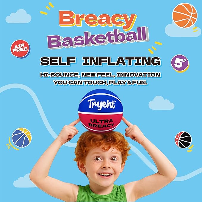 Mini Basketball, 5-Inch Self-Inflating Rubber Ball – No Pump Needed, High-Bounce Breacy Ball for Indoor Mini Hoop & Outdoor Play