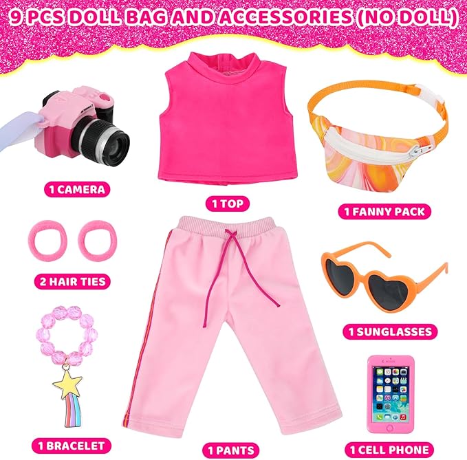American 18 inch Doll Clothes and Accessories Travel Bag Set Including Pink Top Pants Sunglasses Camera Toy Cell Phone Hair Ties and Bracelet Fit for 18 inch Doll