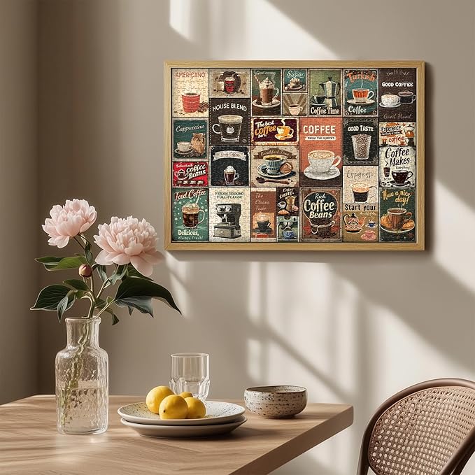 Vintage Coffee Collage Puzzles for Adults 1000 Pieces, PICKFORU Breakfast Food Jigsaw Puzzle Coffee Latte, Hard Difficult Retro Poster Theme for Home Wall Decor