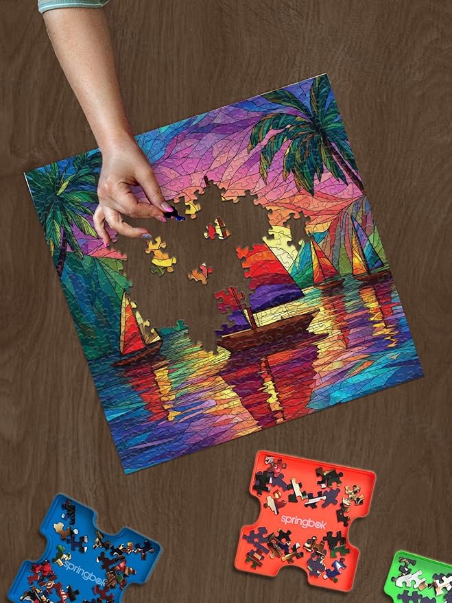 Springbok Tropical Sailing 500 Piece Square Jigsaw Puzzle for Adults - Poster Now Included - Stained Glass Sail Boat - Unique Cut Pieces - Made in USA