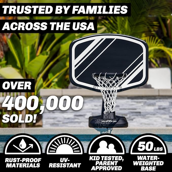 GoSports Splash Hoop PRO Swimming Pool Basketball Game - Includes Poolside Water Basketball Hoop, 2 Balls and Pump - Black