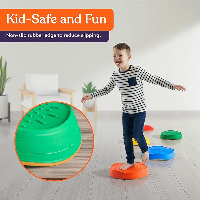 Special Supplies Stepping Stones for Kids, 5 Balance Indoor and Outdoor Blocks Promote Coordination, Balance, Strength, Child Safe Rubber, Non-Slip Edging, Stackable