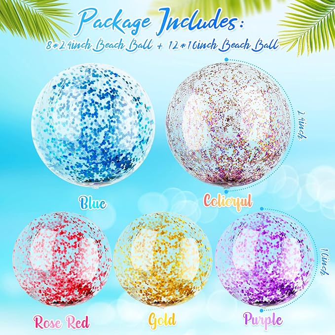 Sotiff 20 Pcs Inflatable Glitter Beach Ball 24 Inch 16 Inch Clear Beach Ball Blow Up Pool Balls Large Swimming Pool Water Toys for Kids Adults Outdoor Summer Birthday Party Favors, 5 Colors