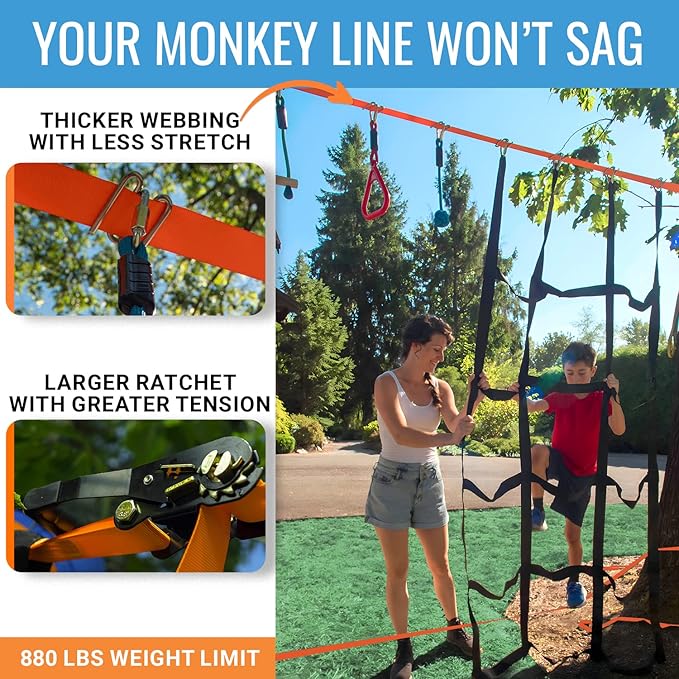 Hyponix Ninja Warrior Obstacle Course for Kids – 2 x 50 ft Slackline with 10 Outdoor Ninja Obstacles, Supports 880lbs – Monkey Net, Ratchet-Tight Tech, Climbing, Swinging & Balance Training, Ages 3+