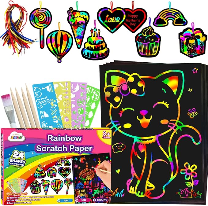 ZMLM Scratch Paper Art-Craft for Girls: Rainbow Scratch Magic Drawing Set Paper Pad Board Supply Kit Girl Project Activity for 3-12 Age Kid Toy Holiday Party Birthday Easter Gift
