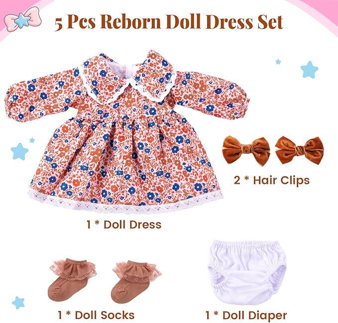 BABESIDE 5 Pcs Reborn Baby Doll Clothes Set for 17-22 Inch Dolls, Cute Floral Doll Dress with Bow Hair Clips Socks and Diaper Reusable for Reborn Baby Dolls Accessories