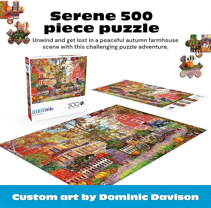 Buffalo Games - Autumn Farmhouse - 500 Piece Fall Jigsaw Puzzle for Adults - Cozy Seasonal Nature Artwork - Challenging Puzzle Perfect for Game Nights - Finished Size 21.25 x 15 - Made in the USA